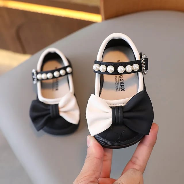 Leather bow pearl kids princess shoes